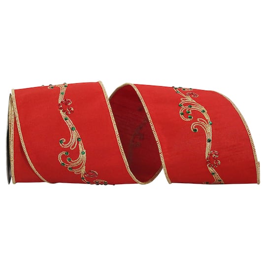 Reliant 4" x 5yd. Embroidered Jeweled Filigree Deluxe Dupioni Wired Ribbon